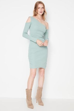 Mint Bodycon Asimetrik Yaka Bodycon Örme Elbise TWOAW23EL00237