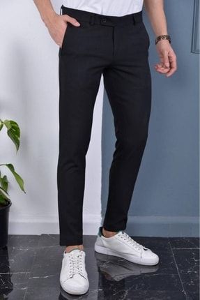 Erkek Siyah Italyan Kesim Likralı Kumaş Pantolon Dar Kesim Boru Paça Spor Tarzı Klasik Pantalon EYBRK-2021-2022-MUC
