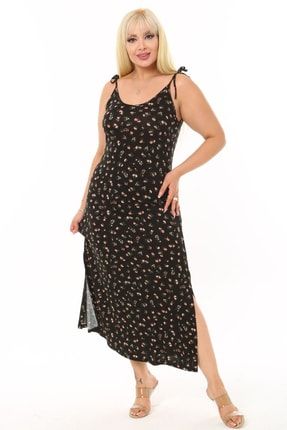 Kadın Siyah Ip Askılı Yırtmaç Detaylı Nergis Desen Elbise IP-ASK-YRTMC-NRGS