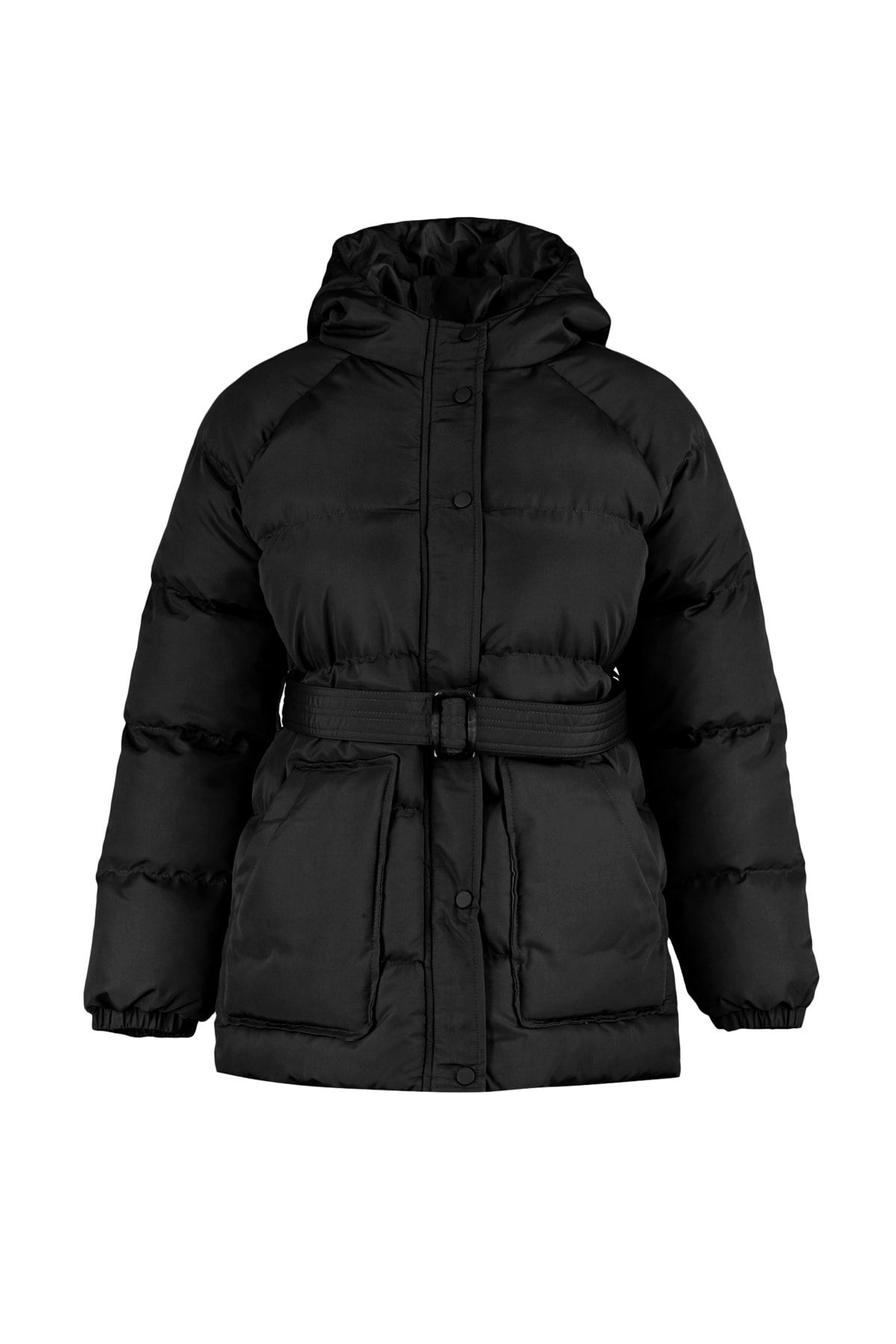 Trendyol Collection-Pufferjacke mit wasserabweisender Kapuze und Gürtel – Schwarz TWOAW23MO00188 6
