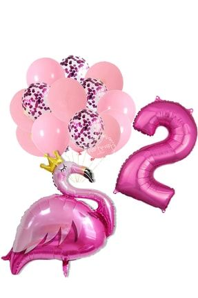 Flamingo Tema Fuşya Rakam Balon Fuşya Pullu Şeffaf Balon Buketi FlamingoBuket1