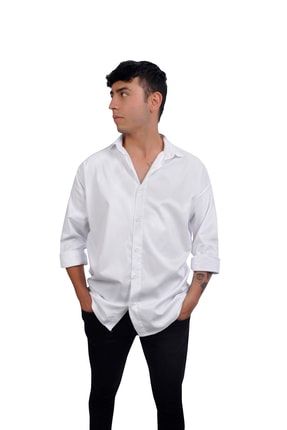 Beyaz Erkek Oversize Bol Kalıp Kendinden Desenli Gömlek Yaka Gömlek 3535