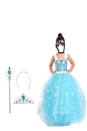 Karlar Ülkesi Frozen Elsa Askılı Tarlatanlı Kostüm Mavi Kız Çocuk Elbise Taç Asa Eldiven elsaaskılısaçtaçasa