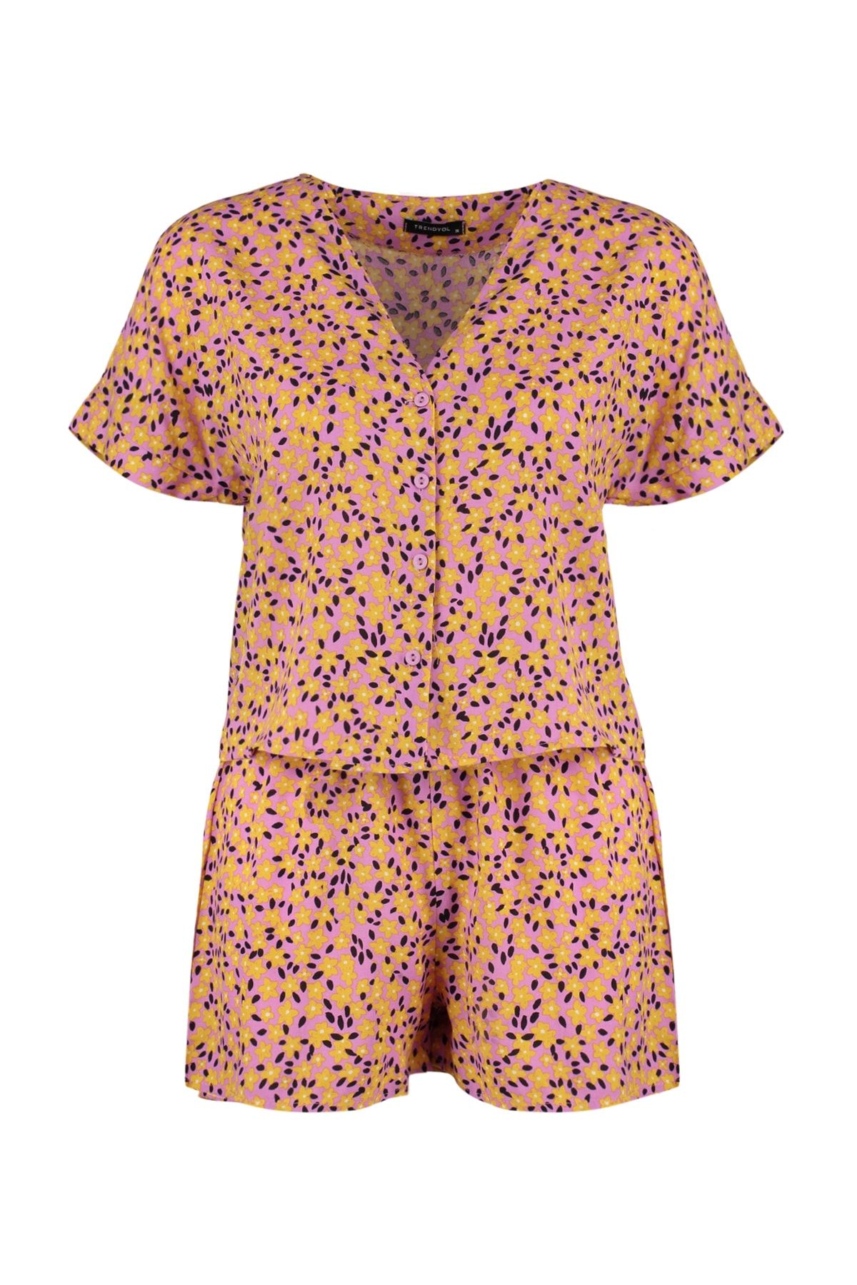 Çok Renkli Çiçekli Viskon Dokuma Pijama Takımı THMSS22PT0297