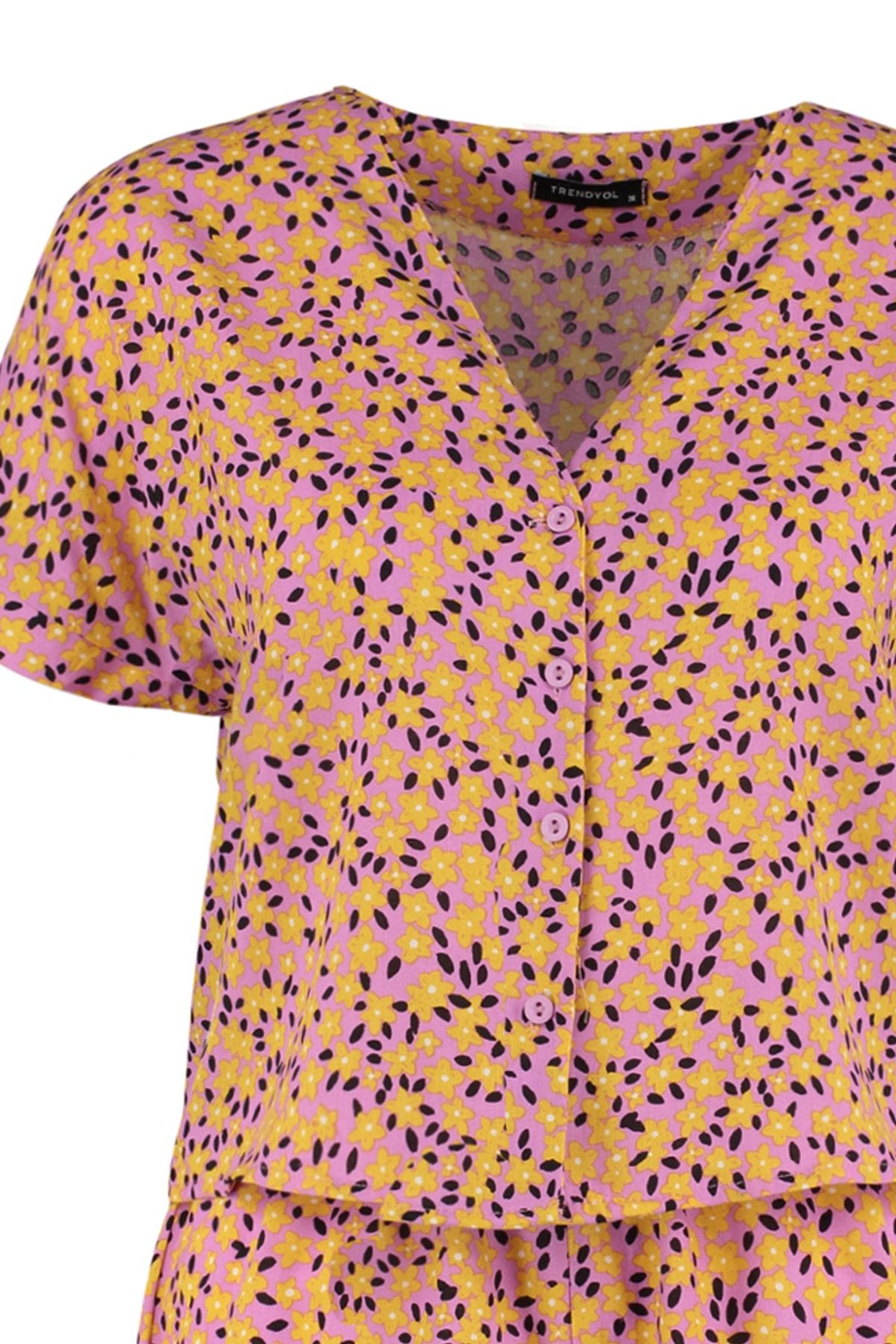 Çok Renkli Çiçekli Viskon Dokuma Pijama Takımı THMSS22PT0297