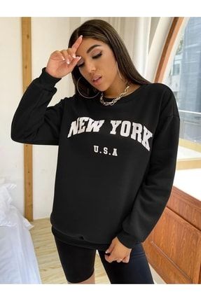 Siyah New York U.s.a Baskılı Oversize Sweatshirt NEW-8