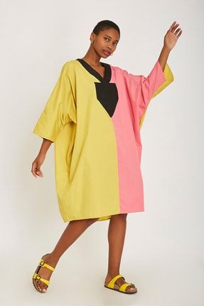 Renk Bloklu V Yaka Elbise HANIQA000033