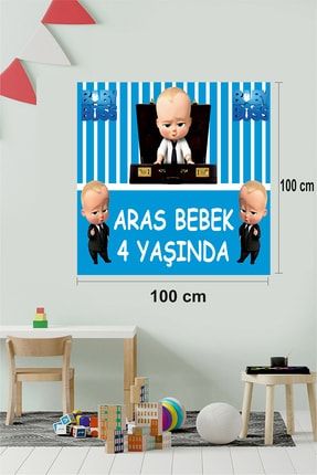 Erkek Çocuk Doğum Günü Partisi Afişi Kişiye Özel Patron Bebek Temalı Mavi Kağıt Tablo 100*100cm PatronBebek100*100