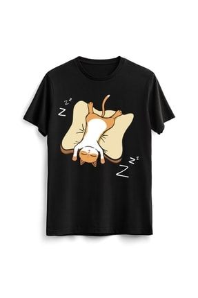 Unisex Erkek Kadın Lazy Cat Kedi Funny Komik Baskılı Tasarım Siyah Tişört Tshirt T-shirt LAC00919