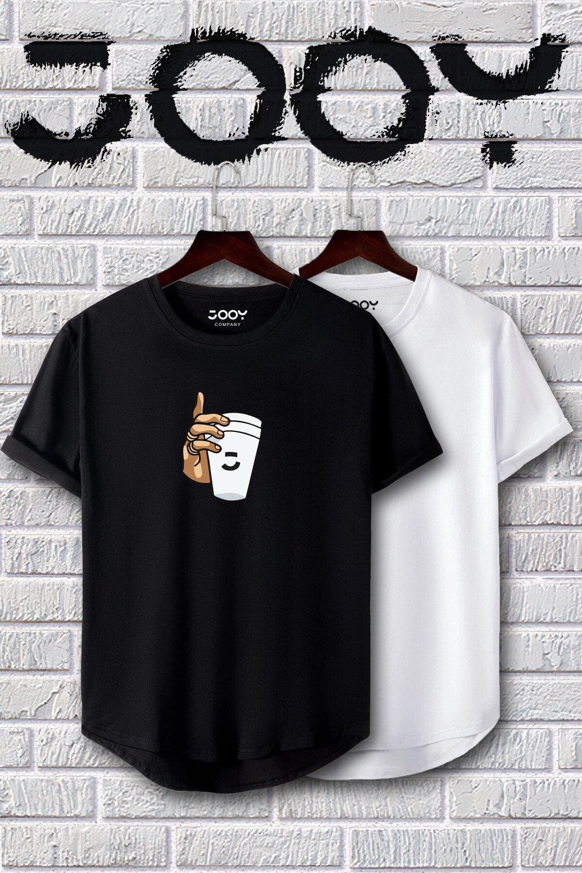 Jooy Company Siyah Beyaz Oval Kesim Bardak Tasarım Tshirt Ikili Set