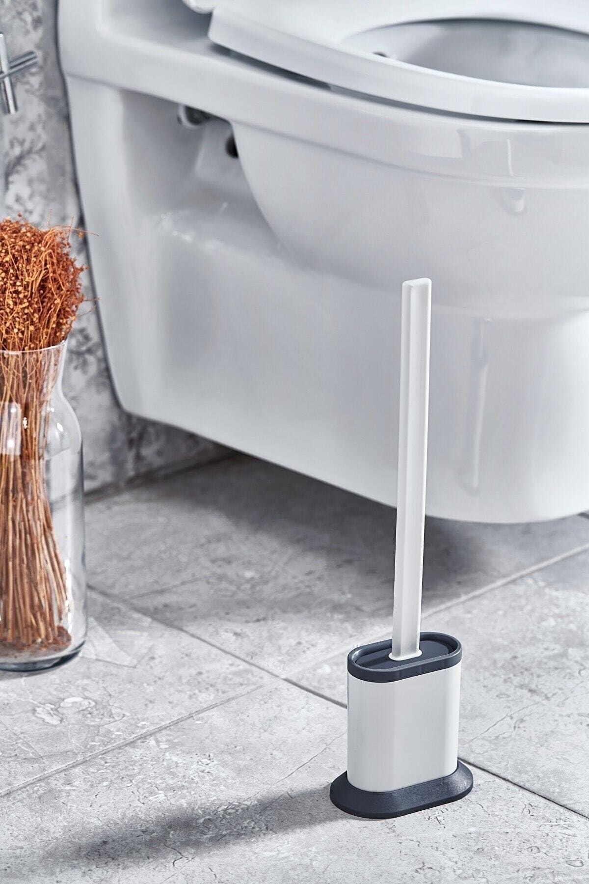 Antibacterial Silicone Tip Toilet Brush Set - Toilet and Toilet Cleaning Brush - White