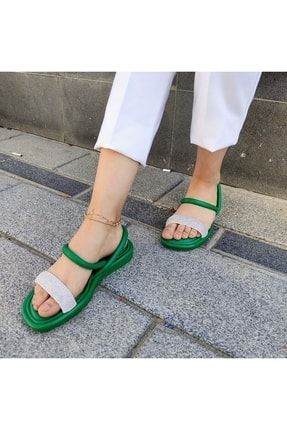 Yeşil Puf Düz Taban Kadın Sandalet 02209