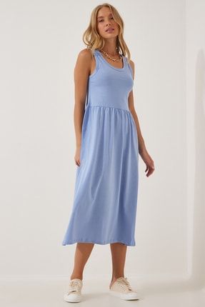 Kadın Gök Mavi Askılı Pamuklu Penye Elbise HF00385