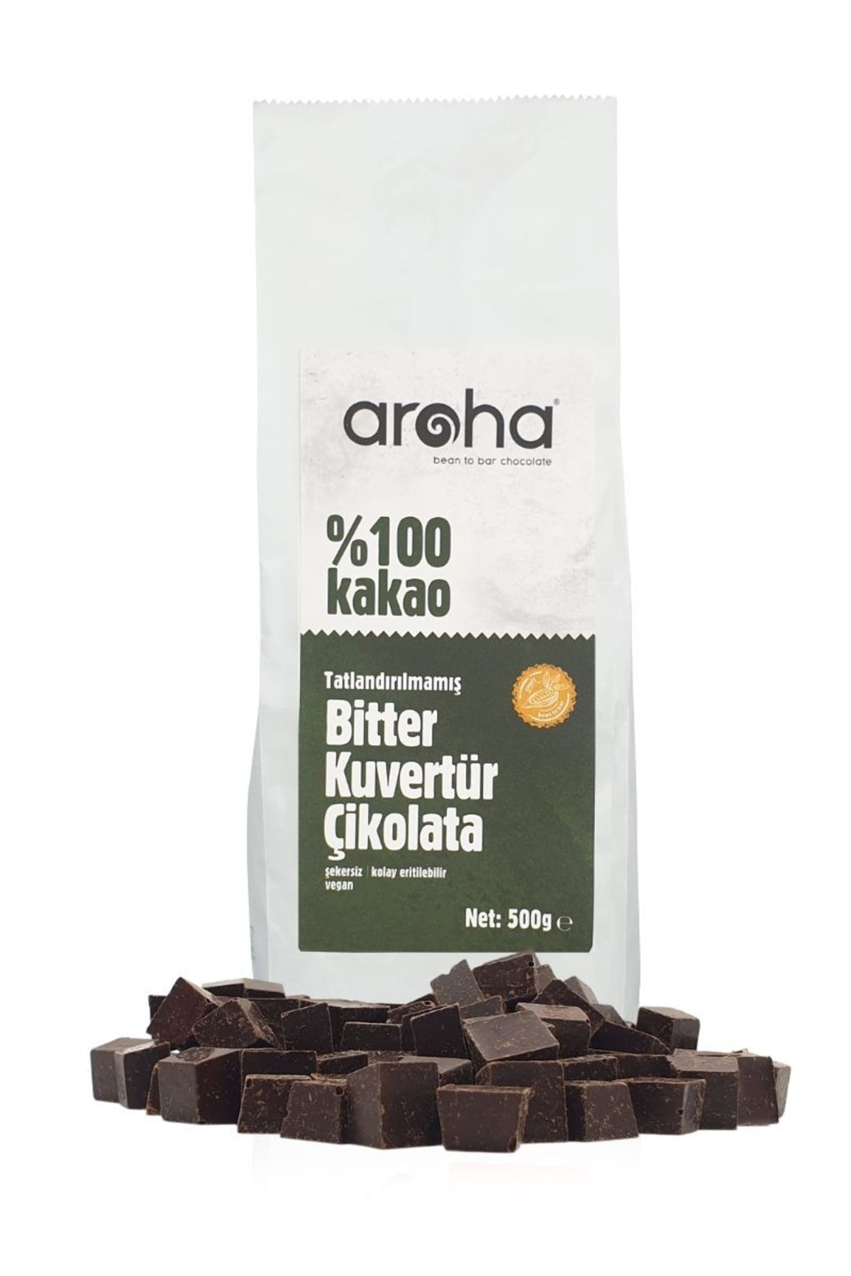 AROHA %100 Kakao - Şekersiz Glutensiz Vegan Tatlandırılmamış Bitter Çikolata Kuvertürü (500 GR.)