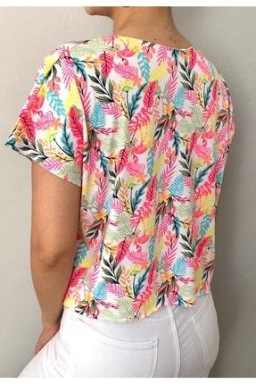 Kadın Tropikal Desenli T-shirt Penye Crop mrm-crp981