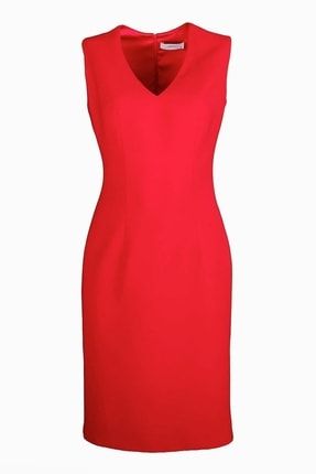 Belle V Yaka Kolsuz Kırmızı Kalem Elbise PI01BEL123