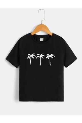 Çocuk Unisex Oversize Siyah Palmiye Baskılı T-shirt palmiye-