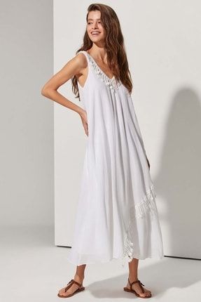 V Yaka V Sırt Beyaz Kadın Elbise 310206