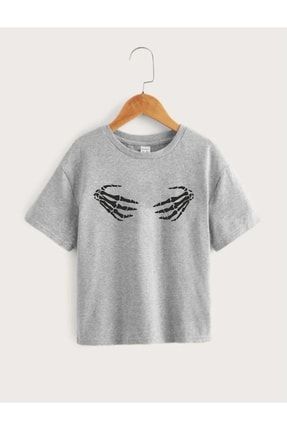 Çocuk Unisex Oversize Gri Iskelet El Baskılı T-shirt iskeletel-