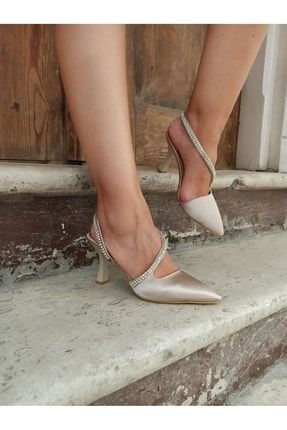Ten Saten Taşlı Modelli Kadın Topuklu Ayakkabı DS-LACİVERT