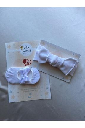2'li Kombin El Yapımı Kız Bebek Bandana & Babet Çorap (beyaz) BabyTweety34