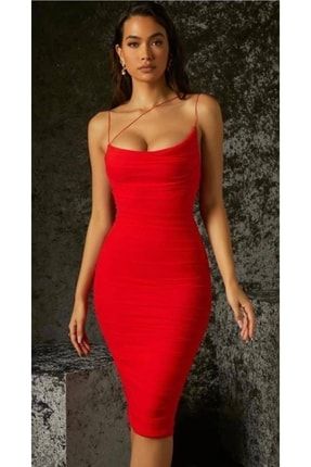 Kırmızı Büzgülü Ince Askılı Elbise 9803
