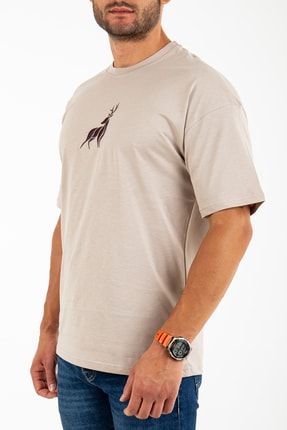 Unisex Taş Rengi Oversize Geyik Nakışlı T-shirt WH-3022