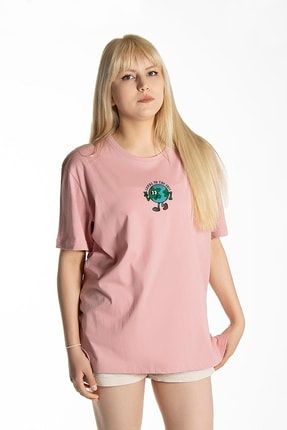 Kadın Pembe Önü Earth Baskılı Bisiklet Yaka Oversize Pamuklu T-shirt JKMİS