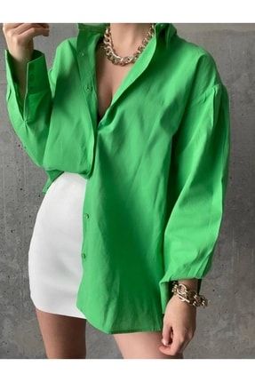 Fıstık Yeşili Oversize Uzun Basic Poplin Gömlek AD0612ADB0516