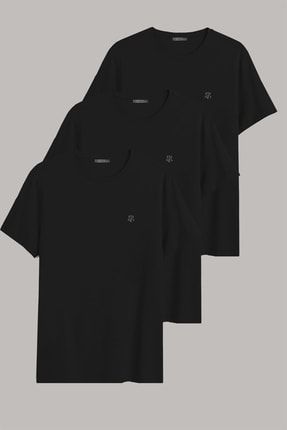 Siyah Renk Rahat Kalıp Erkek T-shirt 3 Lü Paket JCK3000