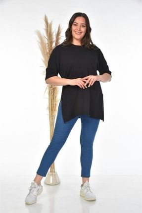 Kadın Büyük Beden Salaş Model Pamuklu Kumaş Yandan Yırtmaçlı T-shirt gul95