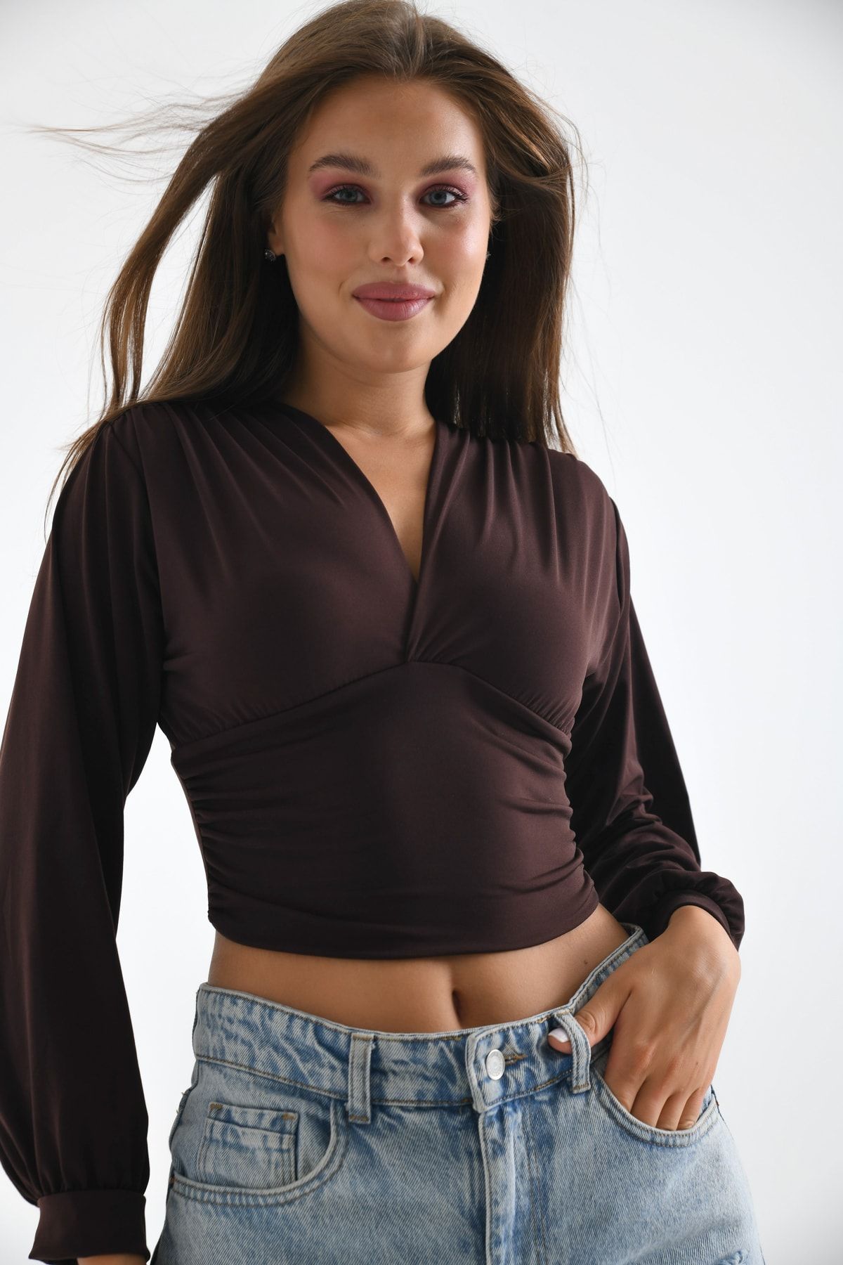 Deep v neck 2025 long sleeve top