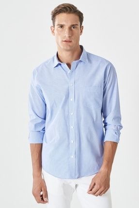Erkek Mavi-beyaz Comfort Fit Rahat Kesim Klasik Yaka Çizgili Gömlek 4A2022200094