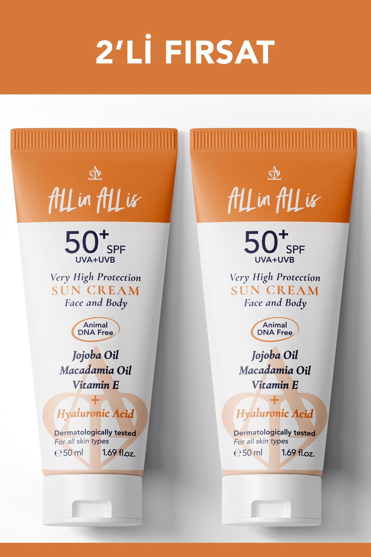 ضد آفتاب SPF 50+ با محافظت بالا برای تمام پوست ها با هیالورونیک اسید و روغن جوجوبا 2 عدد All in All is