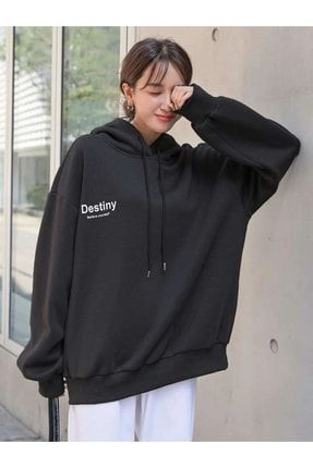 Siyah Destiny Tasarım Baskılı Kapüşonlu Sweatshirt DES-8