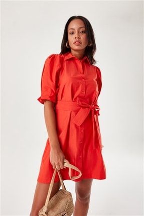 Volümlü Kol Gömlek Elbise Kırmızı C10018