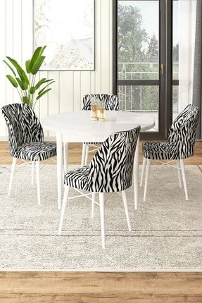 Rox Serisi, Yuvarlak Mutfak Masa Takımı, Beyaz Masa Ve 4 Zebra Desen Sandalye 22ROX01BYZ04