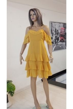 Volanlı Hardal Sarısı Şifon Elbise SS011