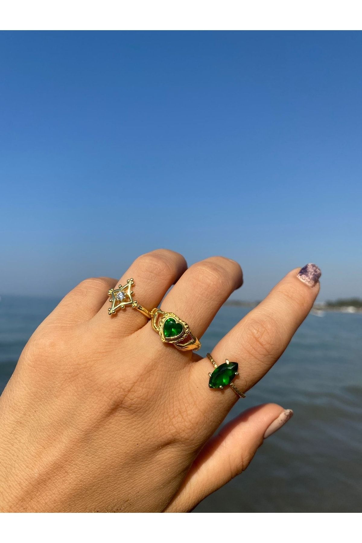 by dys jewelry 925 Ayar Yeşil Kalpli El Vıntage Gold Yüzük