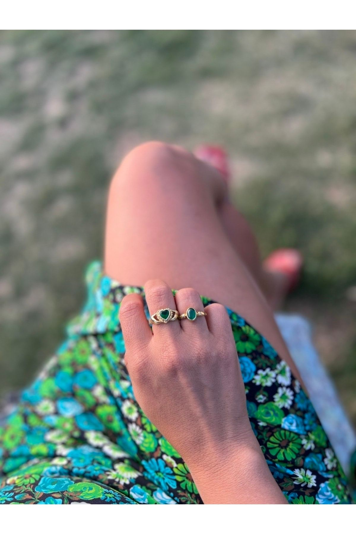 by dys jewelry 925 Ayar Yeşil Kalpli El Vıntage Gold Yüzük