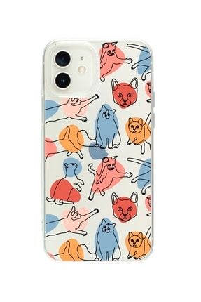 Iphone 12 Uyumlu Sevimli Kedi Figürleri Desenli Premium Şeffaf Silikon Kılıf BCIPH12SEFMNKKLPLER