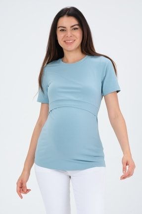 Hamile Emzirme Detaylı Kısa Kollu T-shirt Güvercin Mavisi 7420