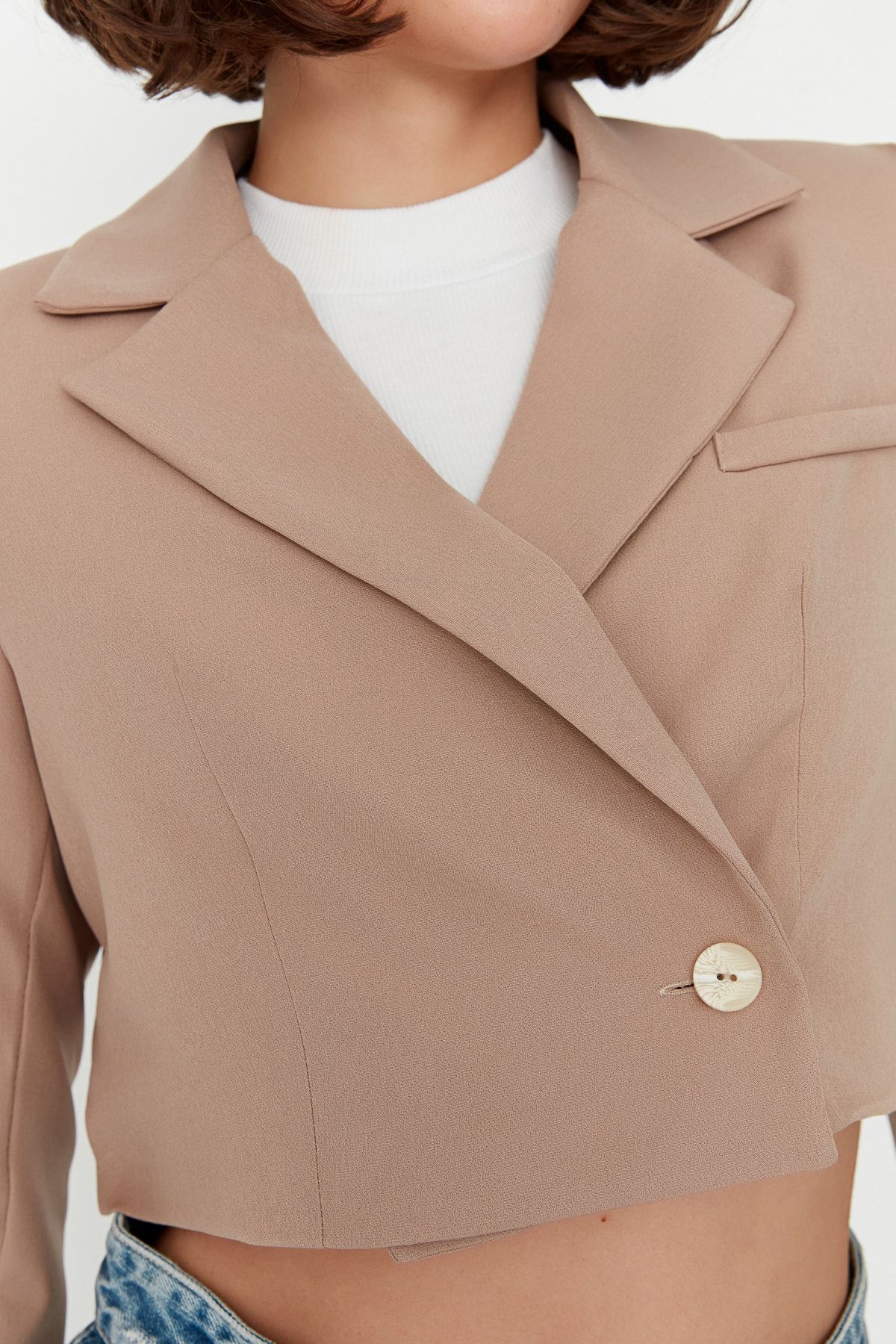 Trendyol Collection-Jachetă blazer căptușită cu țesătură Camel Crop TWOAW22CE0086 4