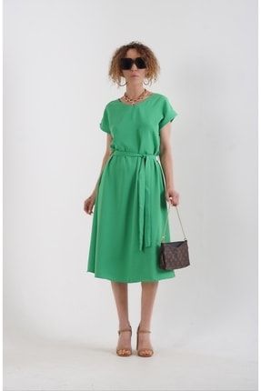 Yeşil Sofistik V Yaka Beli Bağlamalı Elbise 010.ELB.0233