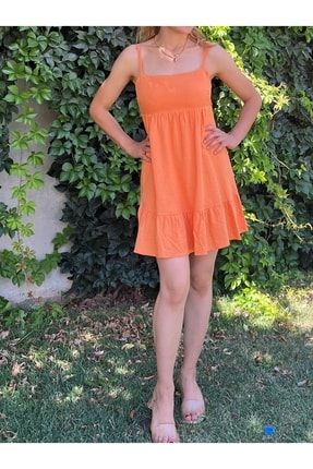 Kadın Oranj Sırt Detaylı Keten Mini Elbise YAZ0488