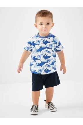 Erkek Bebek Mavi Cep Detaylı Grafik Baskılı T-shirt 859685