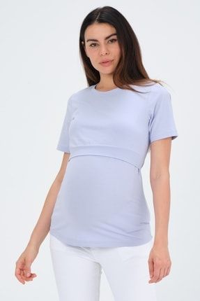 Hamile Emzirme Detaylı Kısa Kollu T-shirt Lila 7420