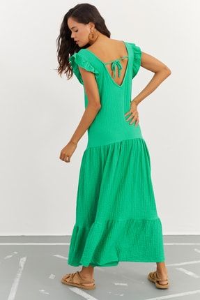 Kadın Yeşil V Yaka Kol Fırfırlı Bürümcük Elbise PP4878