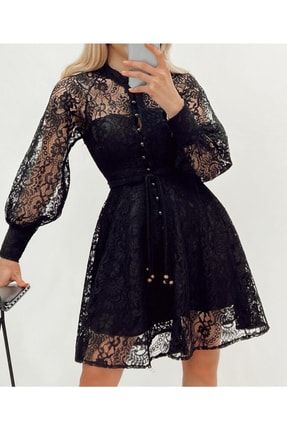 Kadın Siyah , Boydan düğmeli astarlı balon kol fermuarlı güpür elbise MLV-30665-S