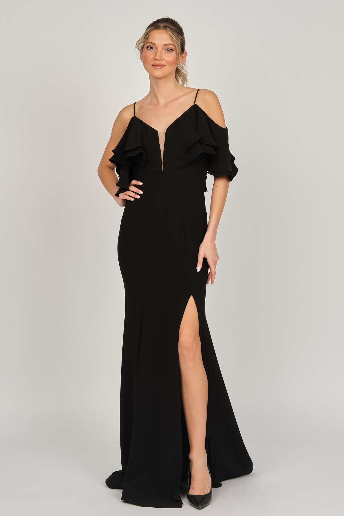 EREF VURAL Women s Strappy Deep Slit Evening Dress Black Trendyol